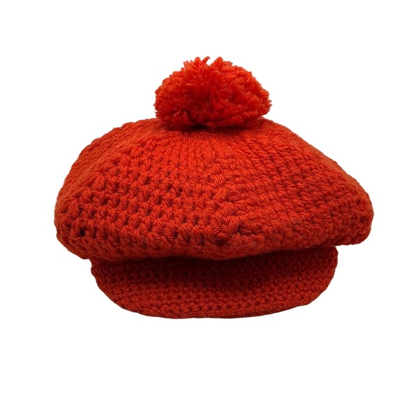 Handmade Deep Orange Crochet Beret Hat with Visor & Pom Pom Retro Puff Cap BX26 - Picture 5 of 7